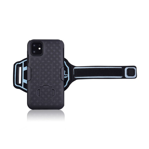 Műanyag telefonvédő (ütésálló, karpánt, sportoláshoz, zseb, csíkos) FEKETE [Apple iPhone 11 Pro] (5996457910656)