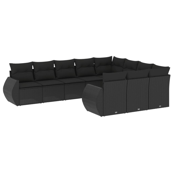 Set canapele de grădină cu perne, 10 piese, negru, poliratan