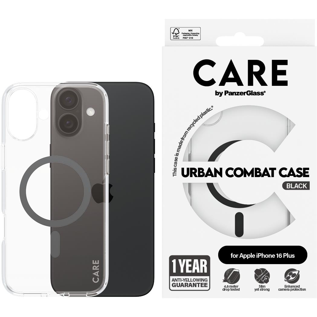 PanzerGlass CARE Apple iPhone 16 Plus MagSafe Urban Combat átlátszó/fekete nem sárguló tok (1347)