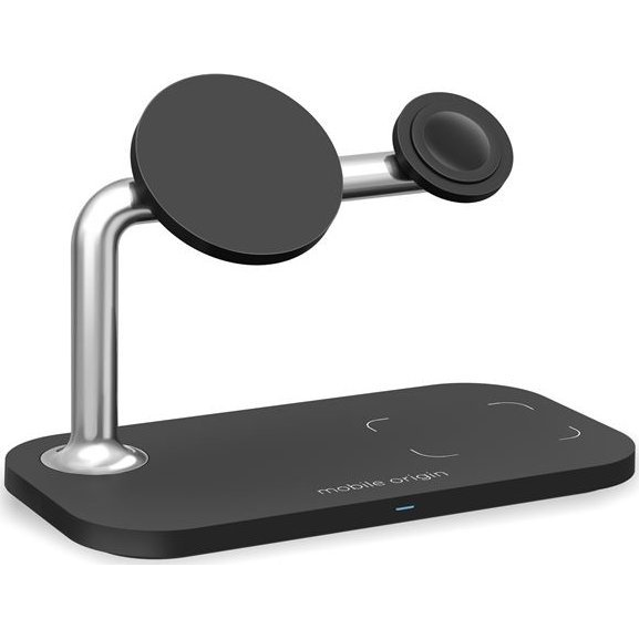 Магнитна зарядна станция 3 в 1 Mobile Origin, съвместима с MagSafe, безжично зареждане, 15 W, включен USB-C кабел, черен