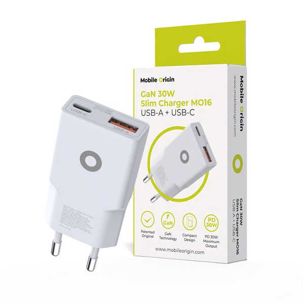Síťová nabíječka 30W USB-A, USB-C Mobile Origin pro telefon, výkonná a
