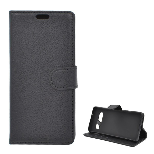 Tok álló, bőr hatású (FLIP, oldalra nyíló, asztali tartó funkció, prémium) FEKETE [Samsung Galaxy S10 (SM-G973)] (5996457854295)
