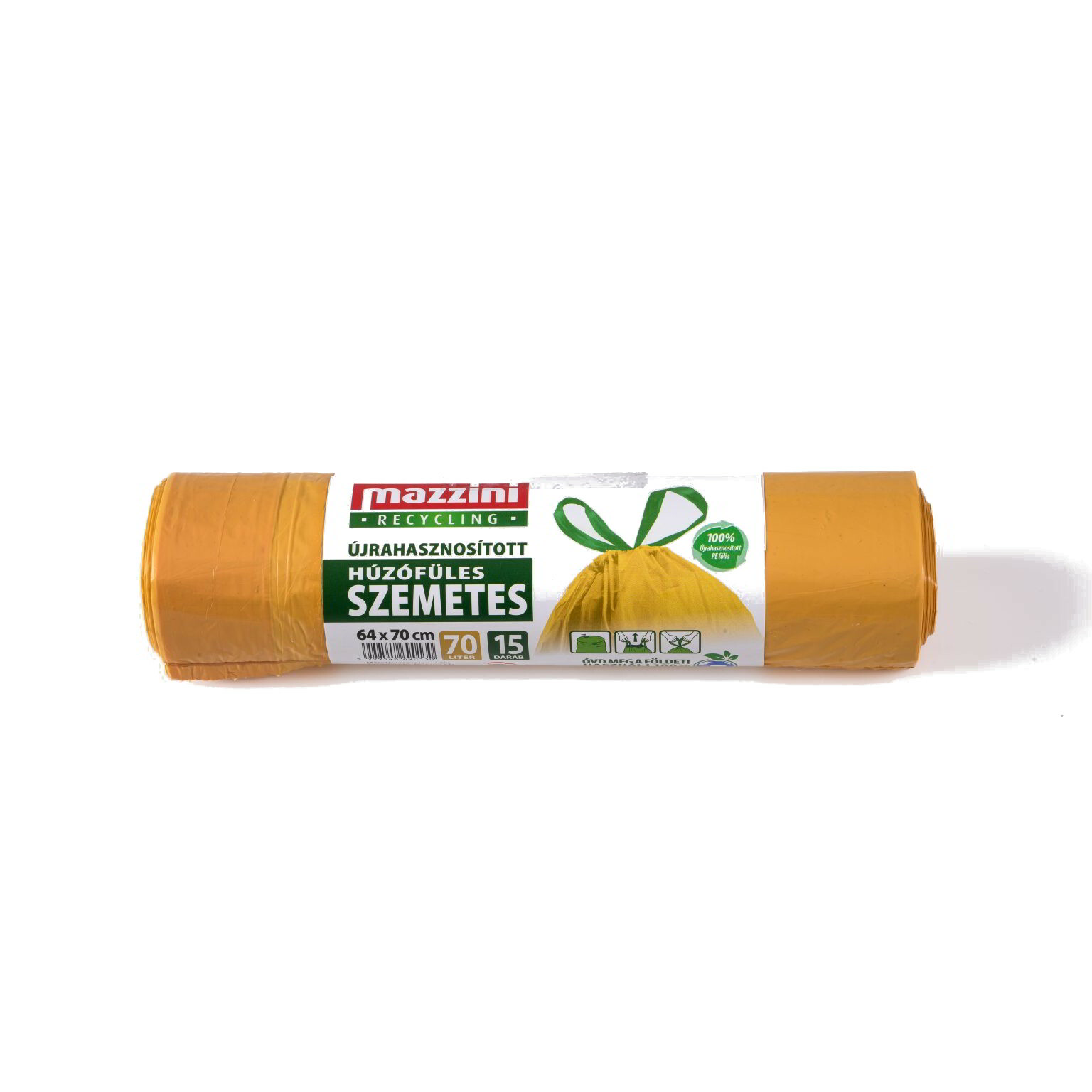 Mazzini Zárószalagos újrahasznosított szemeteszsák 70 l (15 db / tekercs) - Sárga (104155)