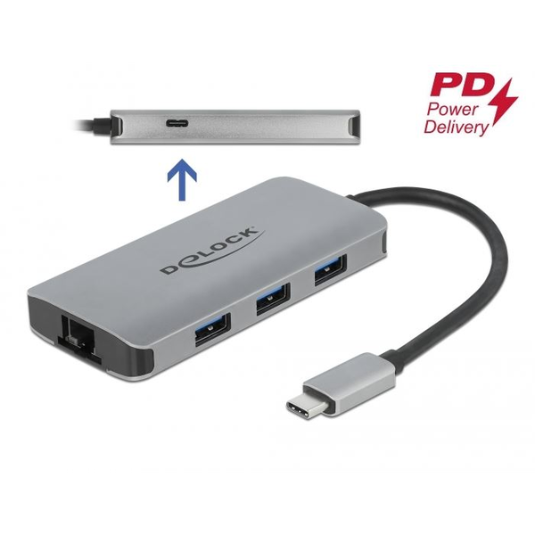 DeLock USB 3.2 Gen 1 3x Type-A + 1x Type-C Hub + Gigabit LAN (63252)