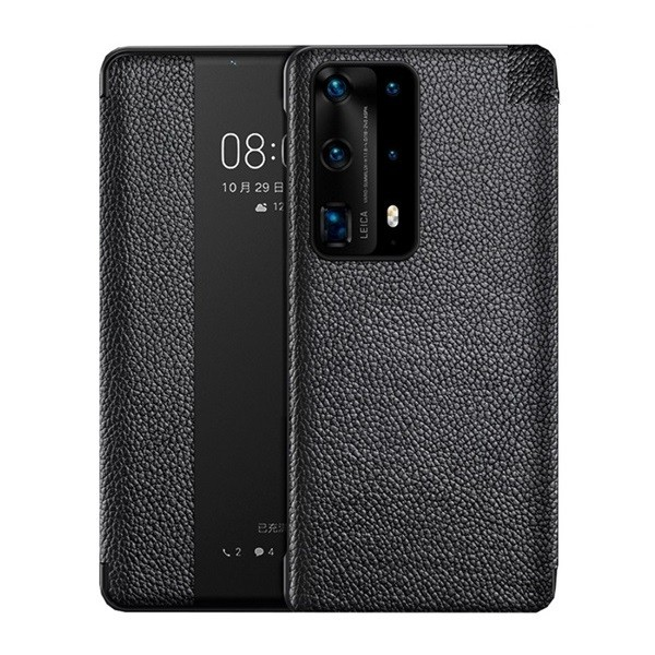Huawei P40, Oldalra nyíló tok, valódi bőrtok, hívás mutatós, érdes felület, Smart View Cover, fekete (utángyártott) (G95127)