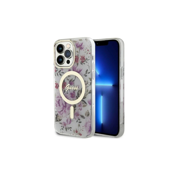 Guess GUHMP14XHCFWST iPhone 14 Pro Max 6.7 készülékhez kemény tok Flower MagSafe átlátszó
