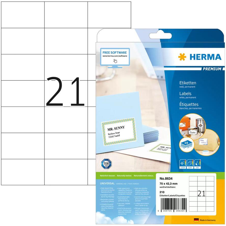 Herma 70x42,3 mm Címke tintasugaras és lézer nyomtatóhoz (210 címke / csomag) (8634)