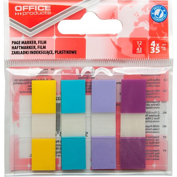  Office Products Zakładki indeksujące OFFICE PRODUCTS, PP, 12x43mm, 4x35 kart., zawieszka, mix kolorów pastel