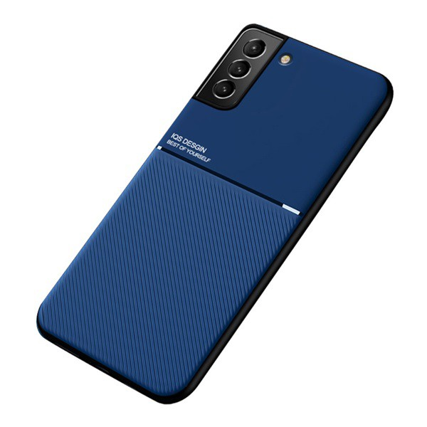 Műanyag telefonvédő (szilikon keret, közepesen ütésálló, beépített fémlemez, bőr hatású hátlap, csíkos minta) SÖTÉTKÉK [Samsung Galaxy S22 Plus 5G (SM-S906)] (5996591119601)