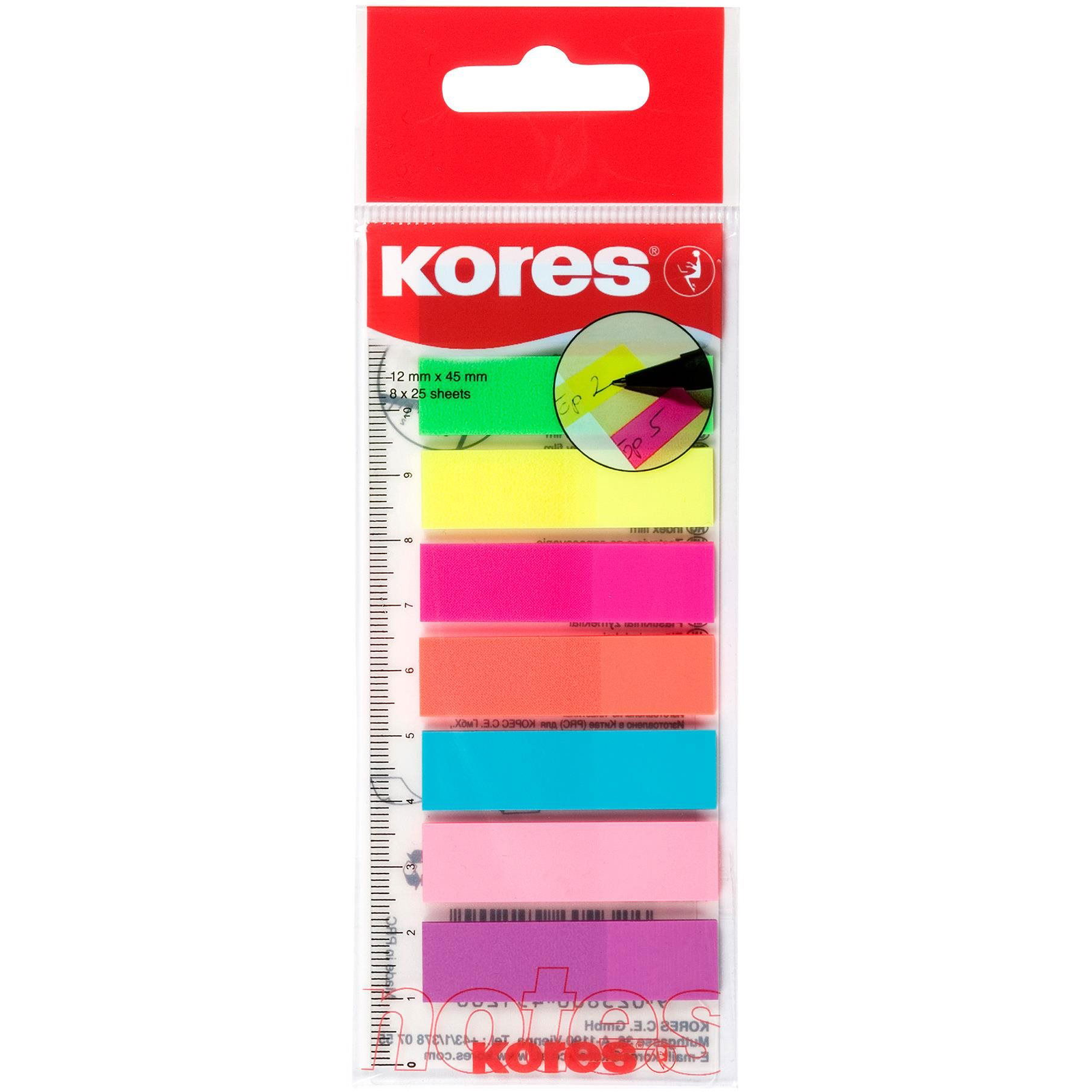 KORES Index Strips vonalzóra 45 x 12 mm, 8 x 25 lap, többféle neon szín (45120)