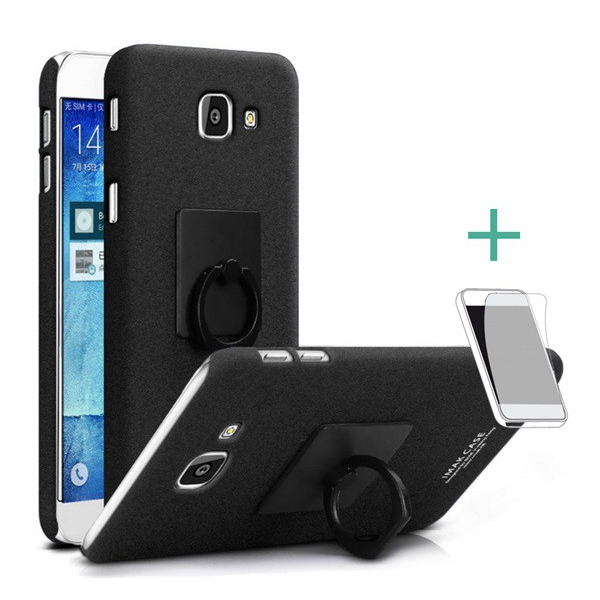 IMAK műanyag telefonvédő (gumírozott, telefontartó gyűrű, 360°-ban forgatható + képernyővédő fólia) FEKETE [Samsung Galaxy A3 (2017) SM-A320F] (5996457743391)