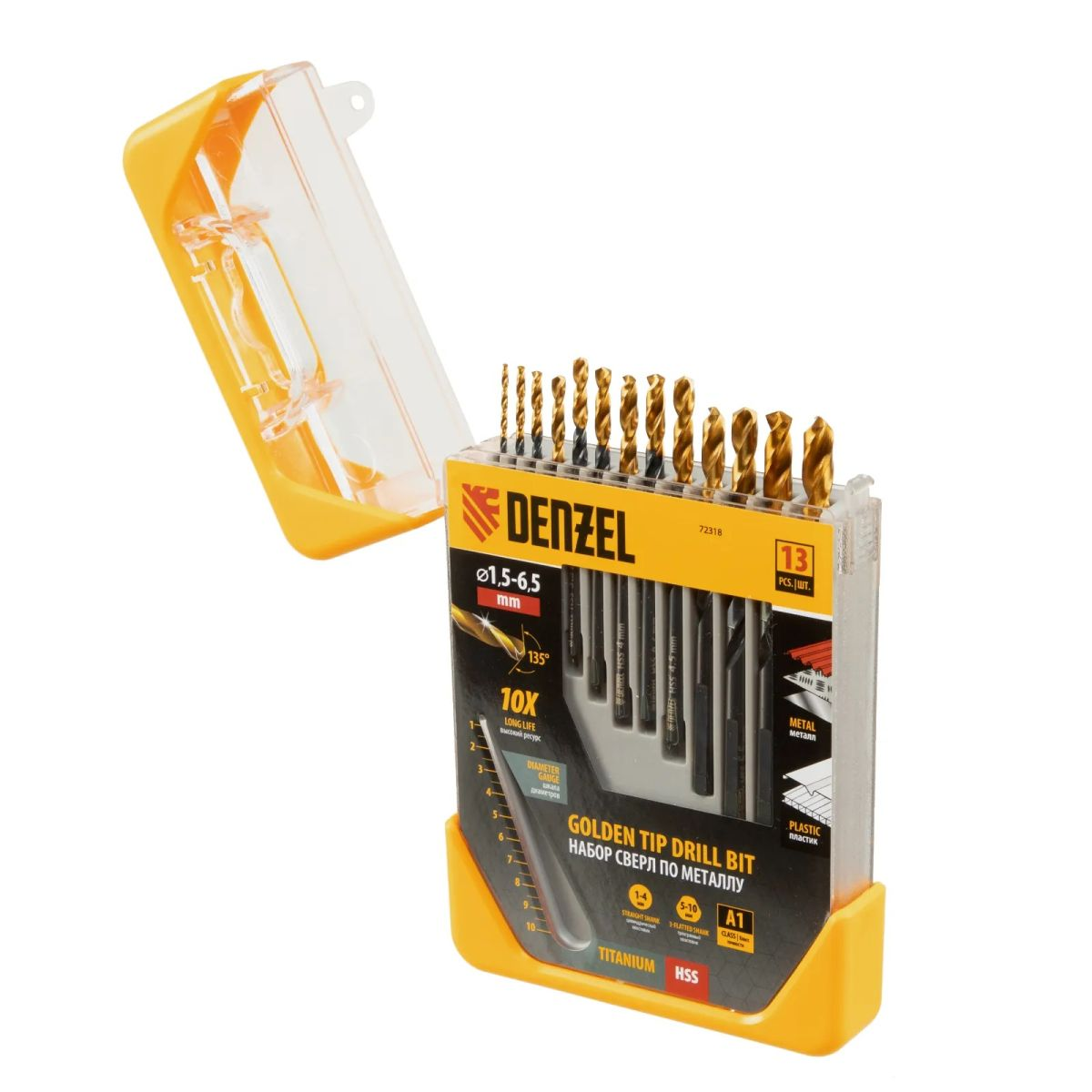 Denzel 1,5-6,5 mm, fém fúrószár készlet HSS-Tin, Golden Tip, 13 db tároló dobozban (723187) (723187)
