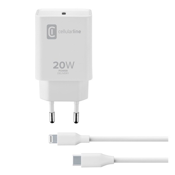 Cellularline зарядно тип-c гнездо, 20w, pd бързо зарядно устройство + тип-c - кабел за мълния, бял