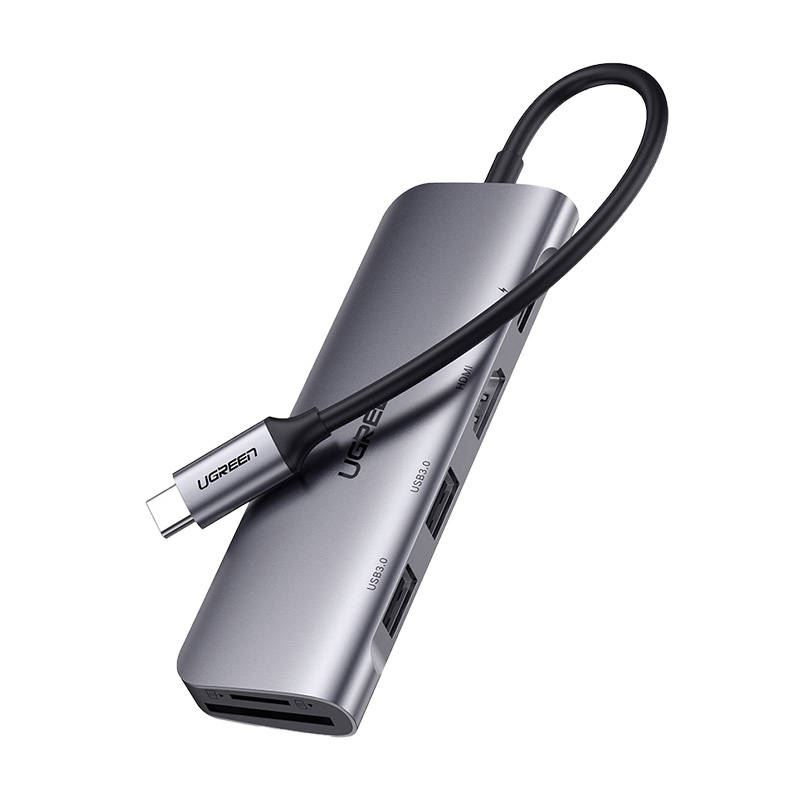 UGREEN CM195 6 az 1-ben adapter USB-C - HDMI, 2x USB-A 3.0, SD/TF, PD, szürke (15214) (15214)