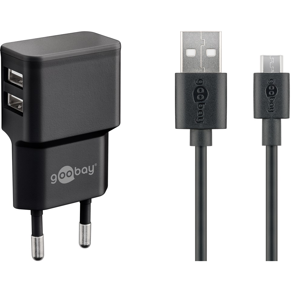Goobay Micro-USB / 2x USB-A Hálozati töltő készlet - Fekete (18W) (44984)