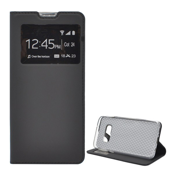 Tok álló, bőr hatású (FLIP, oldalra nyíló, asztali tartó funkció, View Window) FEKETE [Samsung Galaxy S10e (SM-G970)] (5996457855421)