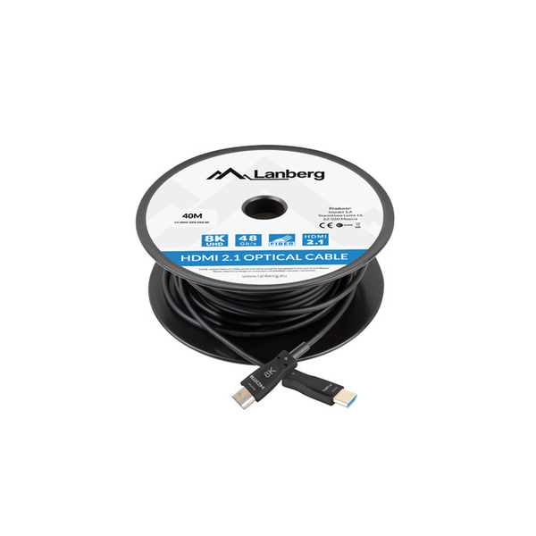 Оптичен кабел HDMI, v.2.1, 40 м, 8K-60Hz, Мъжко към мъжко, Lanberg, 43754, Ultra High Speed, DSC-10K, DSC, eARC, HDR10+, Черен