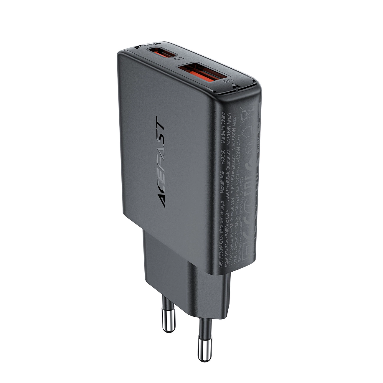 Acefast A69 1x USB-A / 1x USB-C GaN Hálózati töltő - Fekete (30W) (A69)