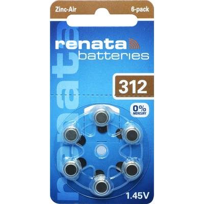 ZA312 hallókészülék elem, cink-levegő, 1,4V, 165 mAh, 6 db, Renata ZA312, PR41 (ZA312.DP6 0HG)