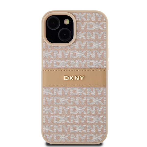 Plecki DKNY do Apple iPhone 15/14/13 Leather Mono Stripe różowy