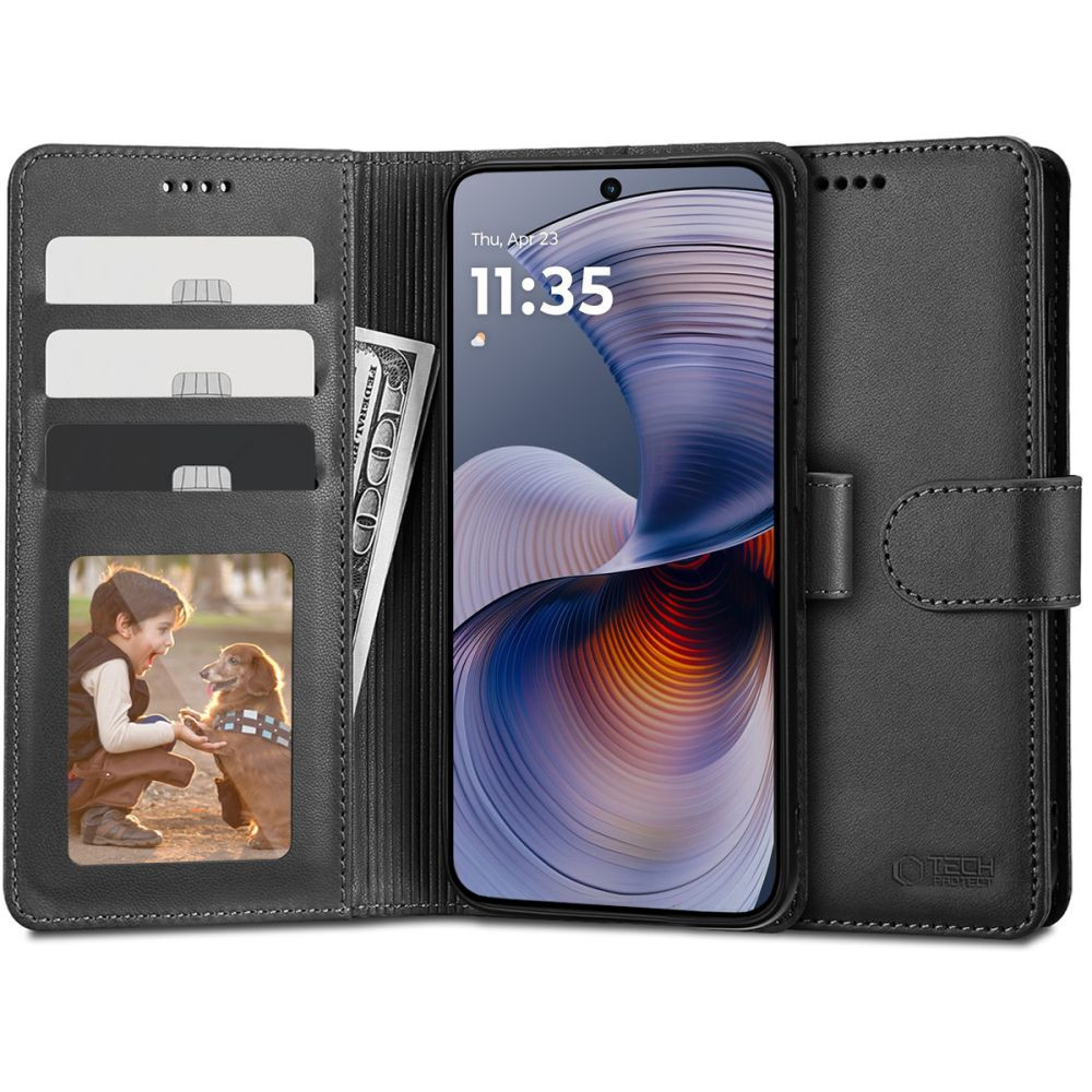 Motorola Moto G55, Oldalra nyíló tok, stand, mágnes csattal, TP Wallett, fekete (5906302370207)