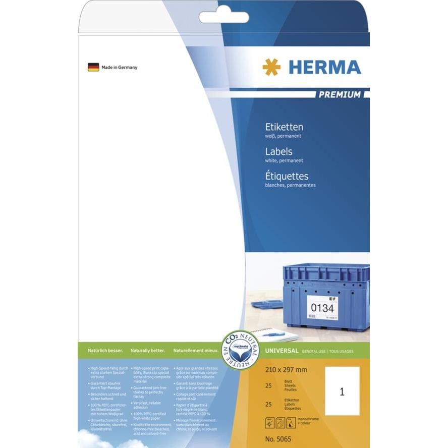 HERMA Etiketten Premium A4 weiß 210x297 mm Papier 25 St. (5065) (5065)
