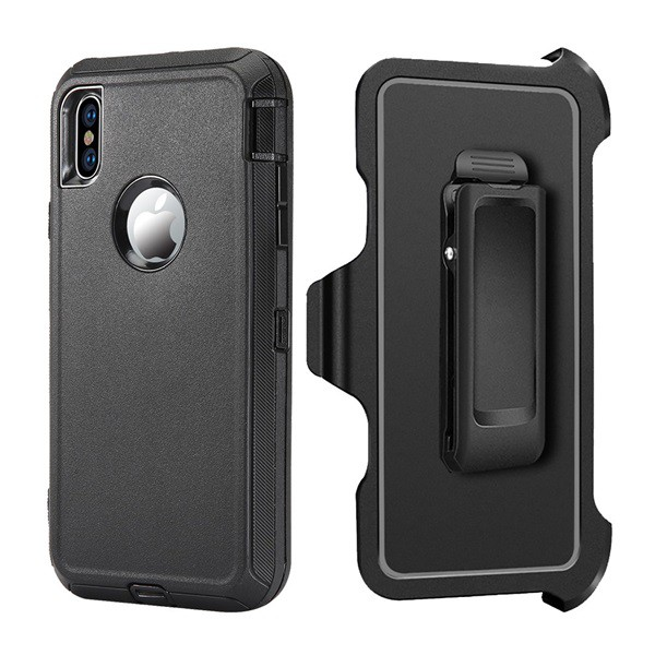 Defender műanyag telefonvédő (közepesen ütésálló, asztali tartó, szilikon hátlap, 360° védelem, logó kivágás) FEKETE [Apple iPhone XS Max 6.5] (5996457814336)