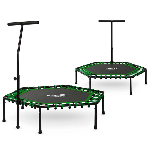 Fitnesz trambulin, Neo-Sport, fekete/zöld, átmérő: 127 cm, hatszögletű, magasság: 30 cm, állítható kapaszkodó, acél váz, 6 + 1 láb, 100 kg teherbírás, 42 db gumi