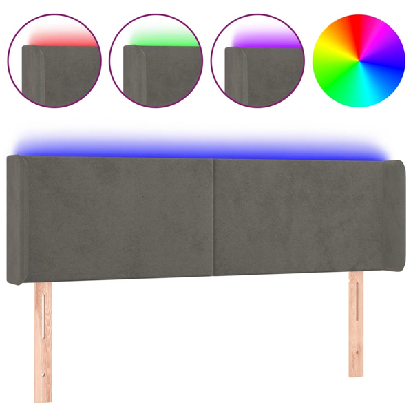 Tăblie de pat cu LED, gri închis, 147x16x78/88 cm, catifea