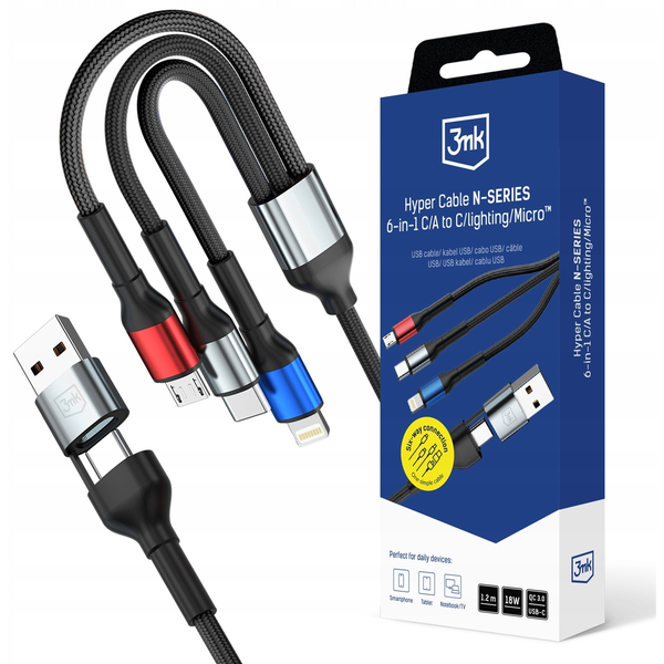 Kabel 3mk Hyper Cable 6v1 USB-C/A na C/Lightning/Micro 1,2m QC 3.0