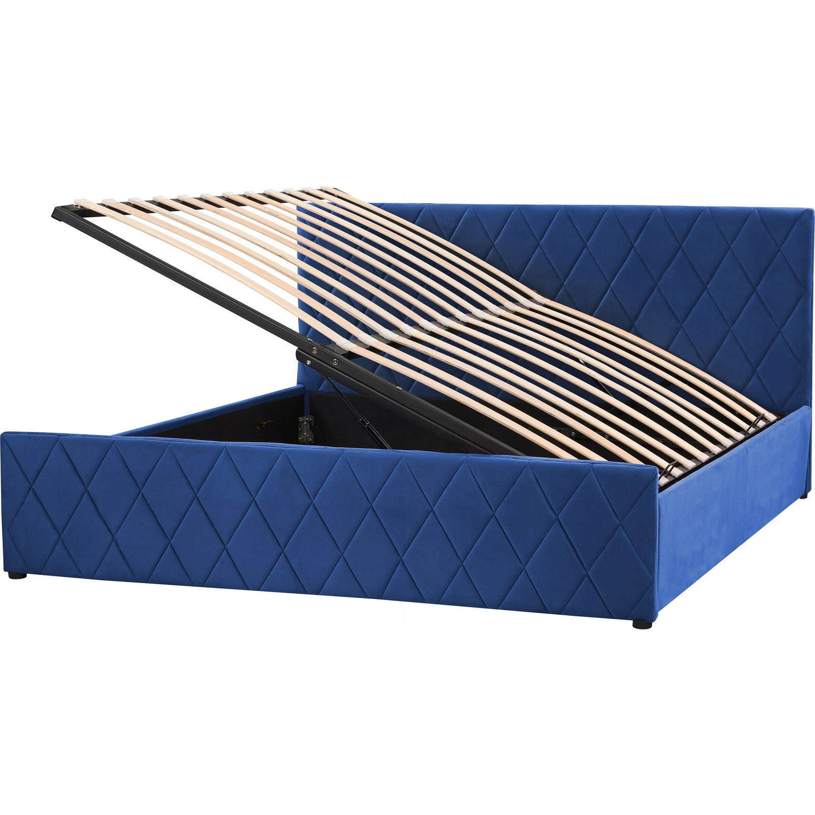 Cama Con Somier De Terciopelo Azul Marino 180 X 200 Cm Almacenaje Cabecero Rochefort - Azul