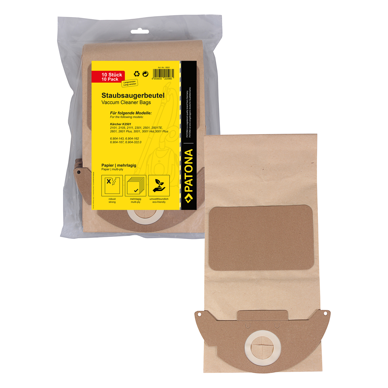 Patona PT9581 Kärcher K2501 / K2601 / K3001 / K2101 / K2301 Porszívó Papír porzsák (10db / csomag) (PT9581)