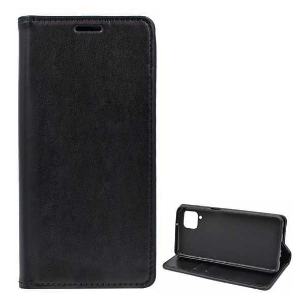 Tok álló, bőr hatású (FLIP, oldalra nyíló, asztali tartó funkció) FEKETE [Samsung Galaxy A12 (SM-A125F / SM-A127F)] (5996591032344)
