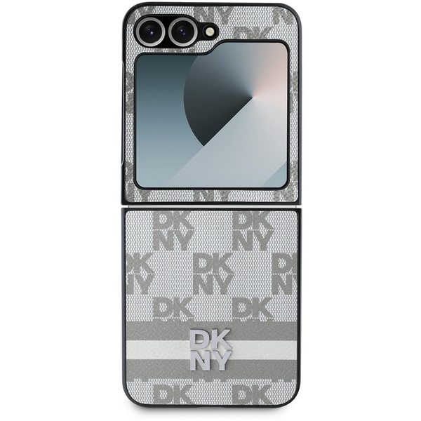 Калъф за телефон, съвместим с модел Samsung Galaxy Z Flip6, DKNY, кариран модел Printed Stripes, бежов, материал TPU/PC