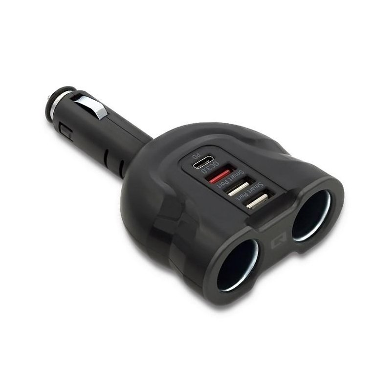 Qoltec Autós 2xUSB + USB QC 3.0 + USB-C + 2x szivargyújtó töltő 52W Fekete (50641)