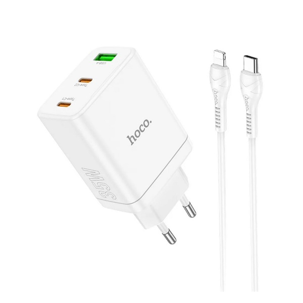 HOCO N33 2x USB-C / USB-A Hálózati töltő + Lightning kábel - Fehér (35W) (N33_W_LIGHTNING-TYPE-C)