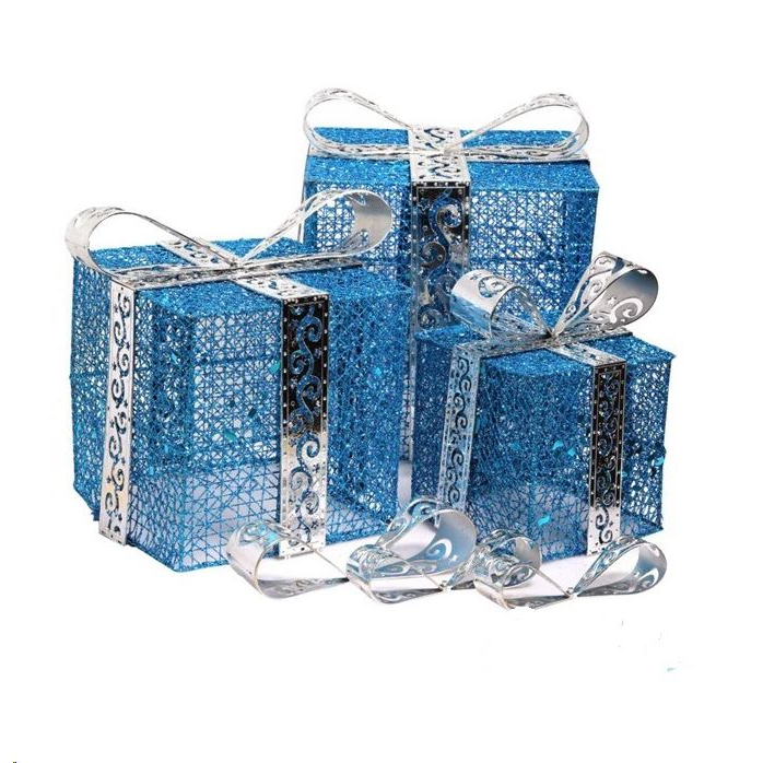 IRIS Doboz alakú /1db 20cm, 1db 25cm, 1db 30cm/ kék-ezüst fémdoboz műanyag masnival dekor szett (011-03) (011-03)