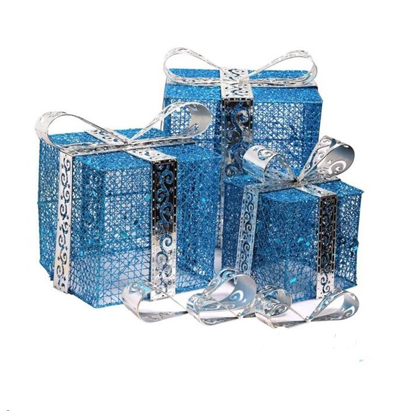 IRIS Doboz alakú /1db 20cm, 1db 25cm, 1db 30cm/ kék-ezüst fémdoboz műanyag masnival dekor szett  (011-03)