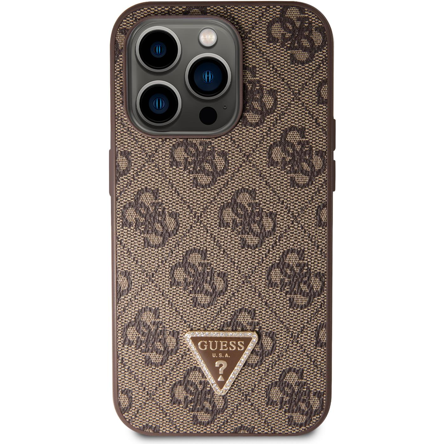 Guess PU 4G Strass Triangle Metal Logo iPhone 15 Pro barna tok (GUHCP15LP4TDPW)