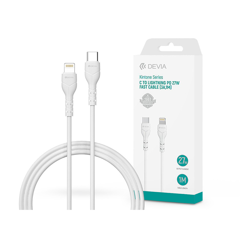 Devia USB Type-C - Lightning adat- és töltőkábel 1 m-es vezetékkel - Devia Kintone Series Type-C to Lightning PD Cable - 27W - fehér (ST394584)