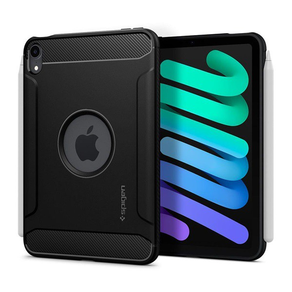 SPIGEN RUGGED ARMOR szilikon telefonvédő (közepesen ütésálló, légpárnás sarok, karbon minta, logó kivágás) FEKETE [Apple IPAD mini 6 (2021)] (ACS03764)