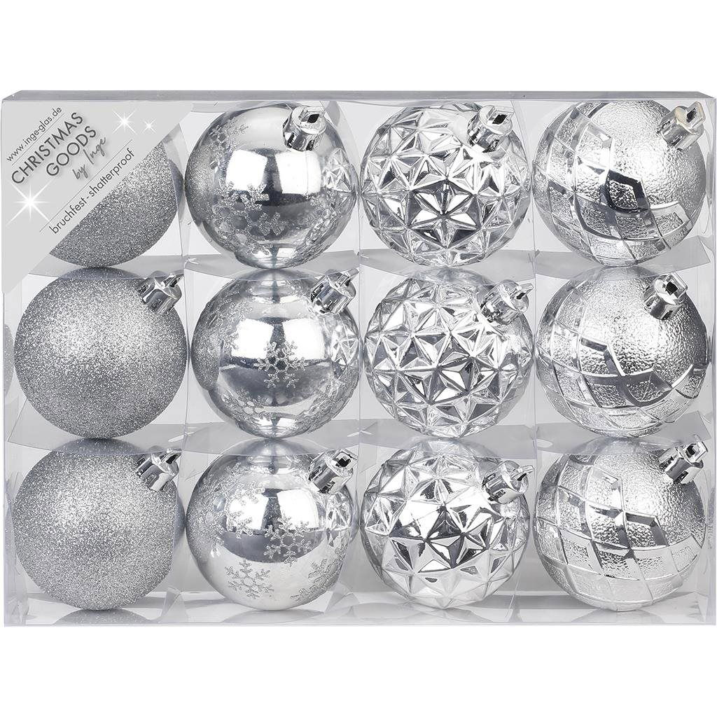 LAALU 12 db-os dekoráció készlet: 6 cm-es ezüst gömbdíszek keveréke (LAU-1328)