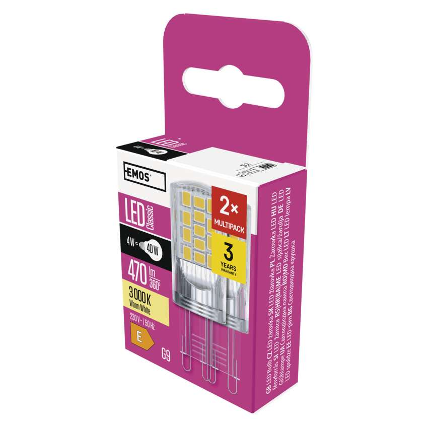EMOS LED izzó Classic JC / G9 / 4 W (40 W) / 470 lm / meleg fehér. 2db/doboz (DBKF-EMZQ9544-2)