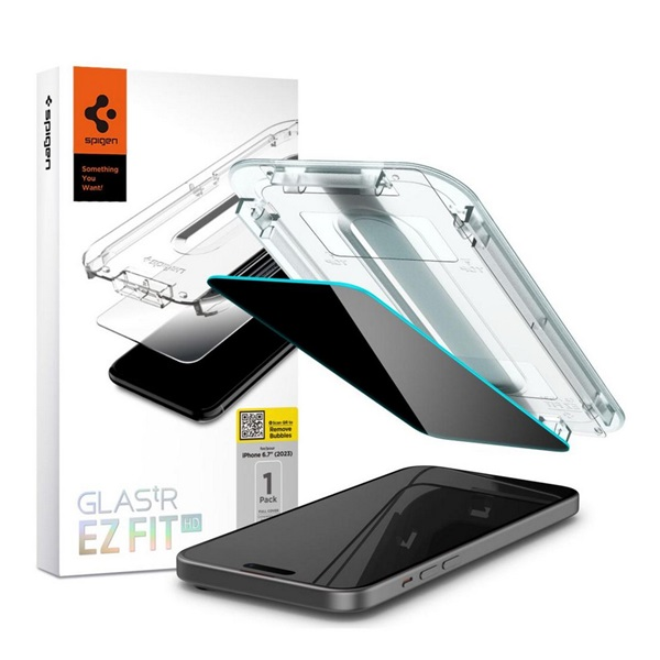 Folie sticla cu sistem de montare Case friendly Spigen GLAStR EZ FIT compatibila cu iPhone 15 Pro Privacy