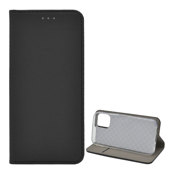 Tok álló, bőr hatású (FLIP, oldalra nyíló, asztali tartó funkció, rombusz minta) FEKETE [Apple iPhone 12 mini] (5996457987788)