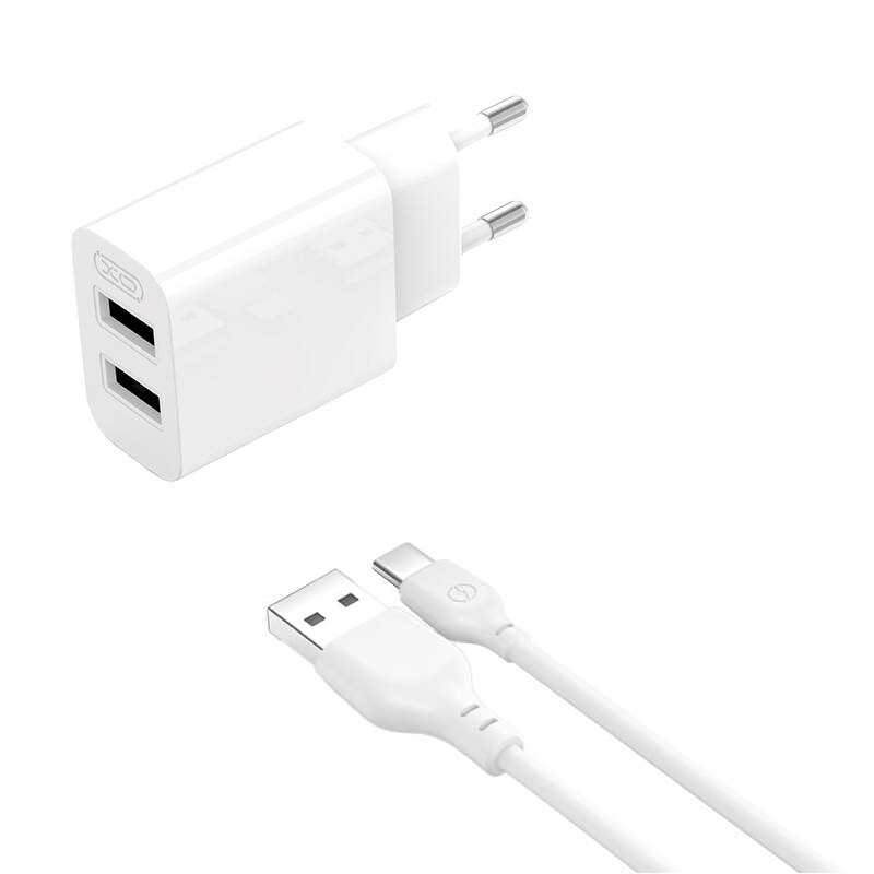 XO L109 2x USB-A Hálózati töltő + USB-C Kábel - Fehér (5V / 2.4A) (L109)