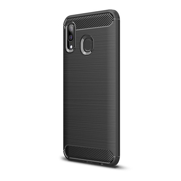 Szilikon telefonvédő (közepesen ütésálló, légpárnás sarok, szálcsiszolt, karbon minta) FEKETE [Samsung Galaxy A30 (SM-A305F)] (5996457868285)