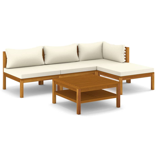 Set mobilier grădină cu perne crem, 5 piese, lemn masiv acacia