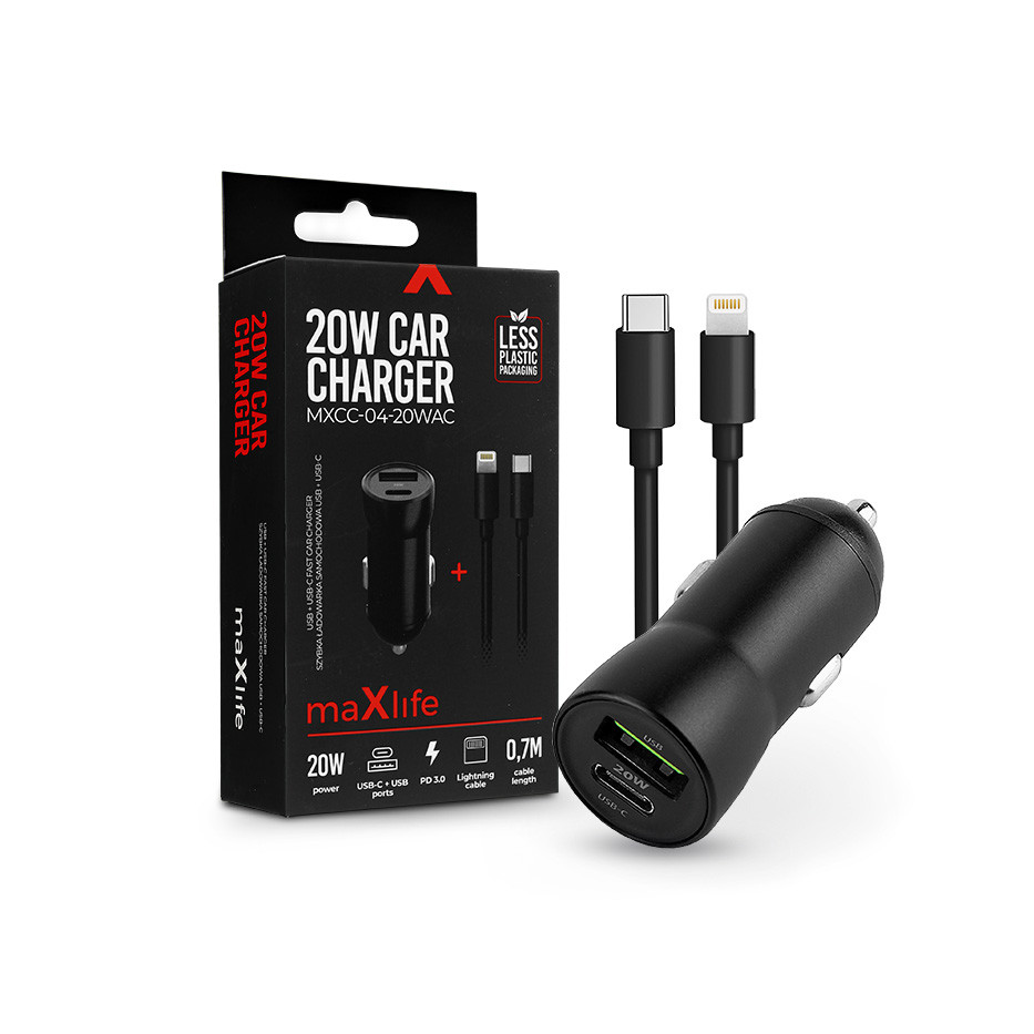 Maxlife szivargyújtós töltő adapter USB + Type-C bemenettel + Type-C - Lightningkábel - 20W - Maxlife MXCC-04-20WAC PD3.0 + QC3.0 Car Charger - fekete (ML269386)