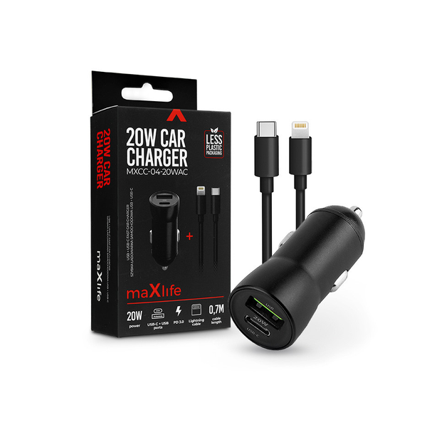 Maxlife szivargyújtós töltő adapter USB + Type-C bemenettel + Type-C - Lightningkábel - 20W - Maxlife MXCC-04-20WAC PD3.0 + QC3.0 Car Charger - fekete